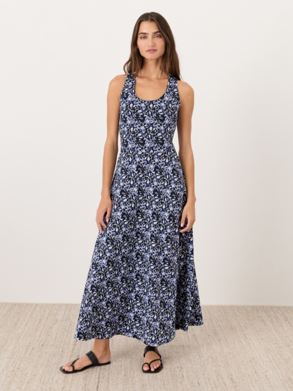 PACT Organic Fit & Flare Open Back Maxi Dress Small Paradise Petals Navy Blue